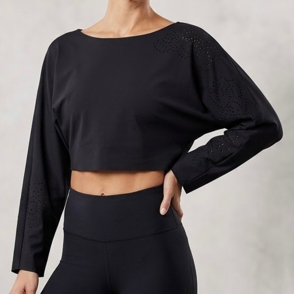 Ultracor Cropped Batwing Laser Cut Eyelet Top Black Women XS